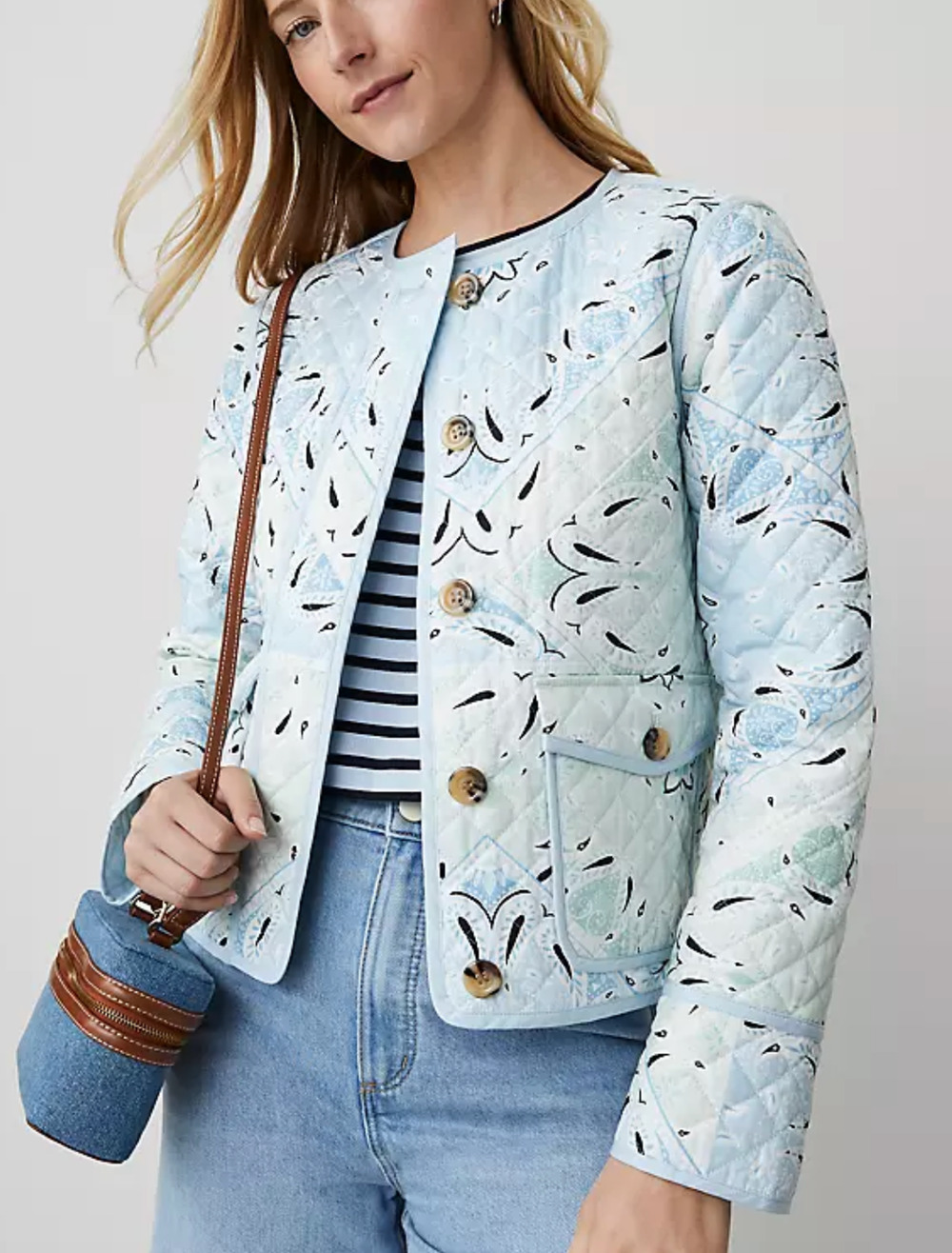 NEW ANN TAYLOR WEEKEND PRISTINE BLUE PETITE PAISLEY QUILTED JACKET SZ 10P